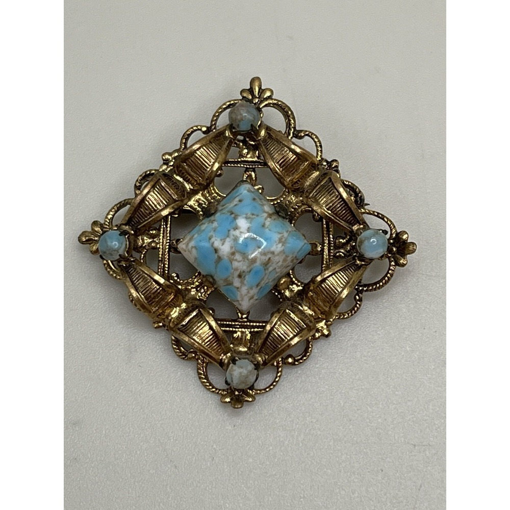 Antique Gold Tone Turquoise Stone Costume Pin Brooch Unmarked